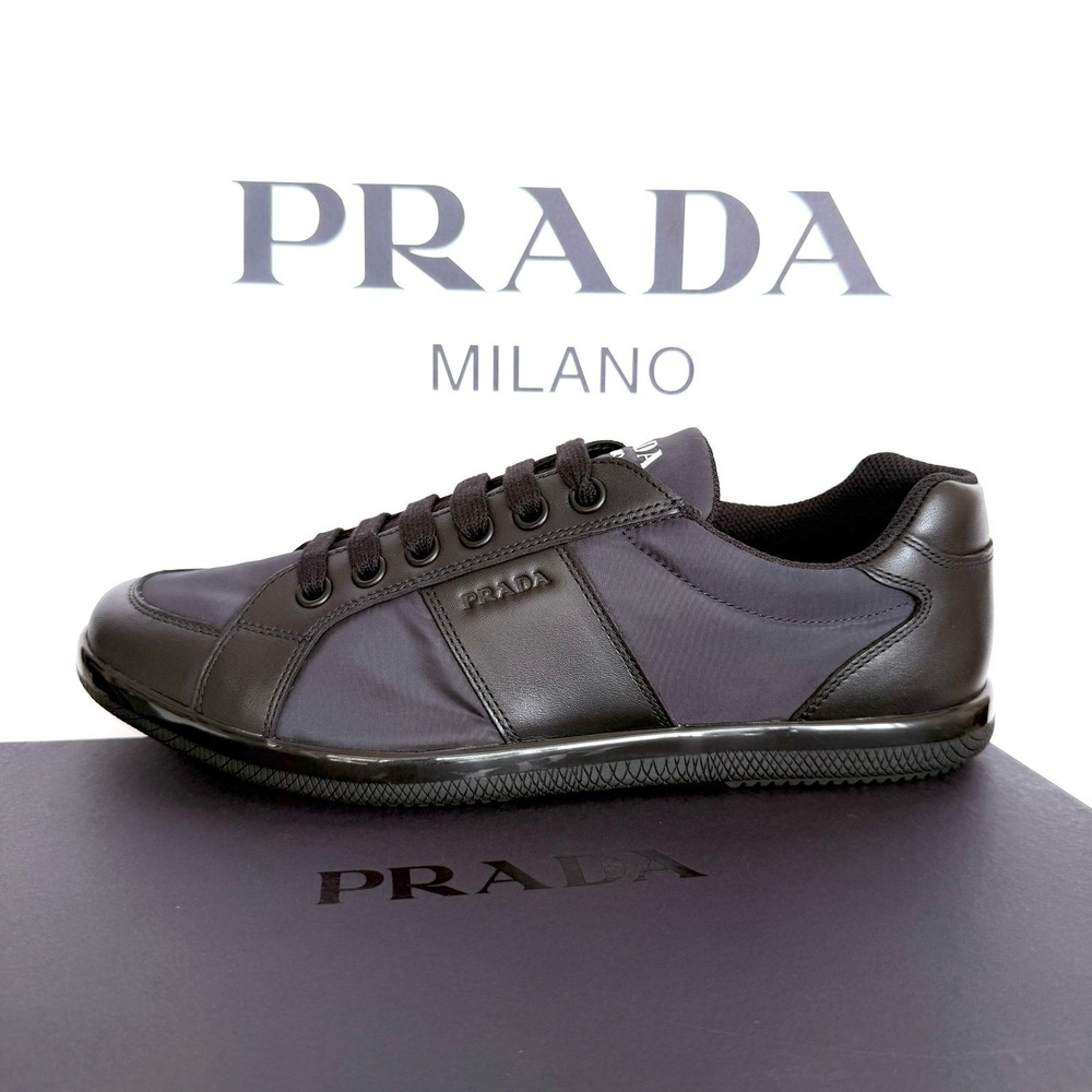 PRADA 2EG355 Blue Black Leather Re-Nylon Sneakers Shoes - NEW - US 10.5 UK 9.5 - Picture 3 of 15